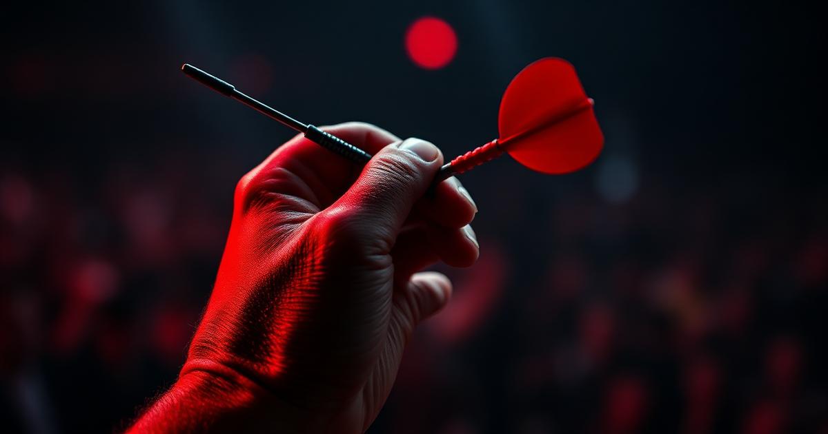 Mão segurando dardo com foco intenso sob luz de arena